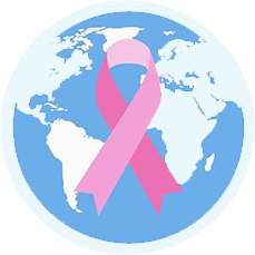 A pink ribbon is on the top of a globe.