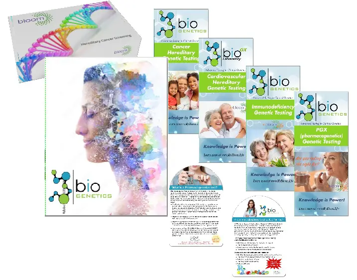 A box of 3 bio solutions with brochures and flyers.